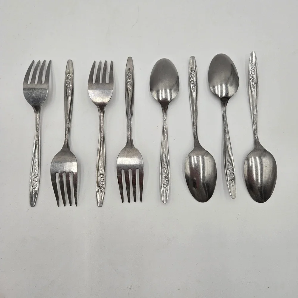 Vtg Radiant Rose Floral Stainless Steel Spoon and‎ Fork Set 8 Piece